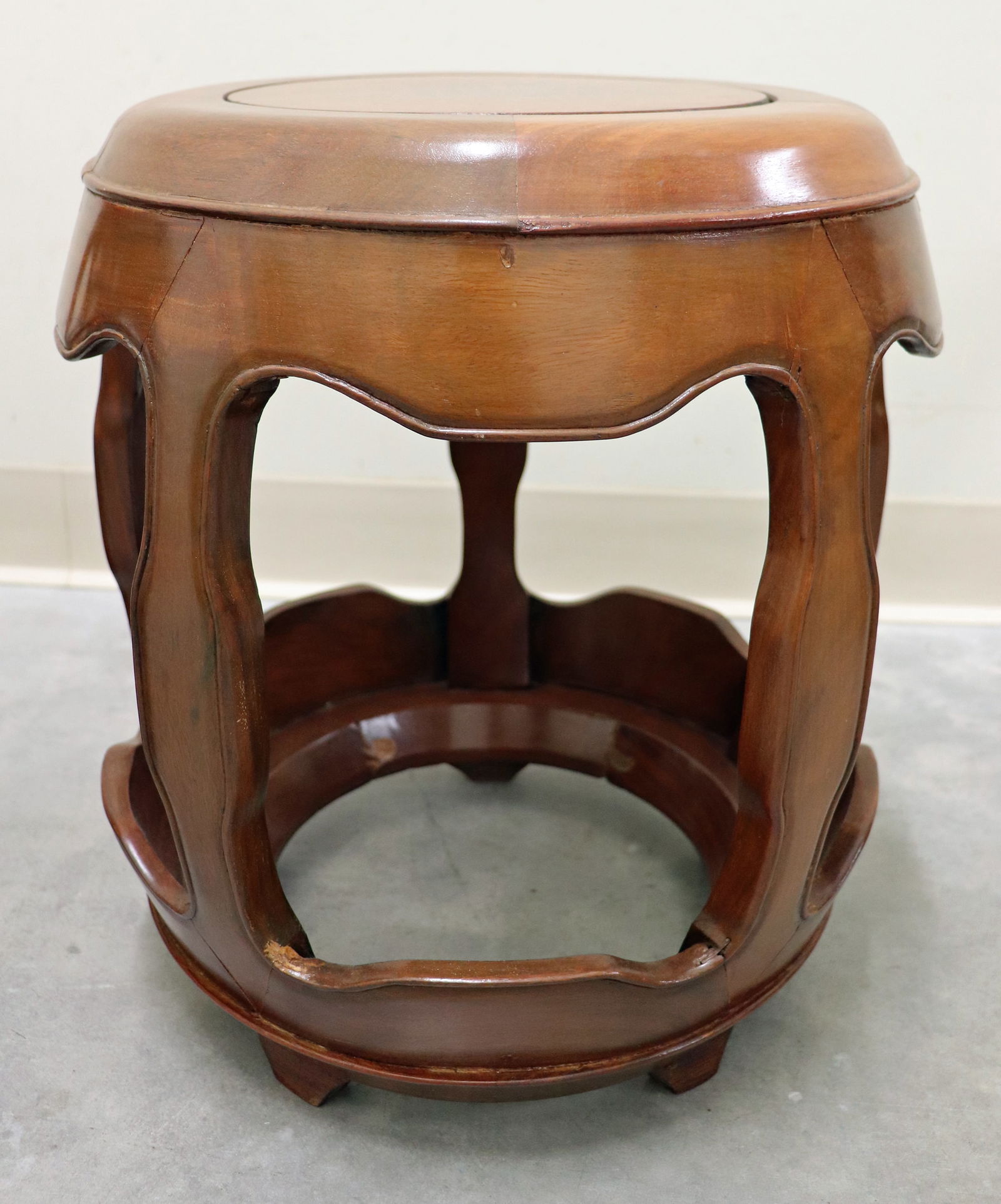 CHINESE WOOD BARREL STOOL: Chinese wood round barrel seat stool. Measures 18" tall 14" wide.