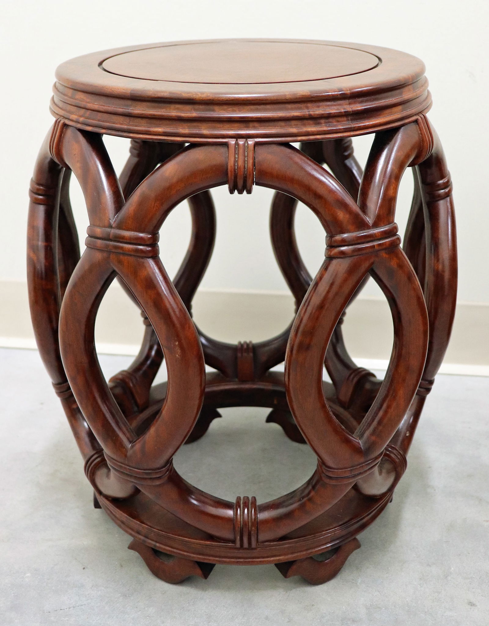 CHINESE WOOD BARREL STOOL: Chinese wood round barrel seat stool. Measures 16.5" tall 14" wide.
