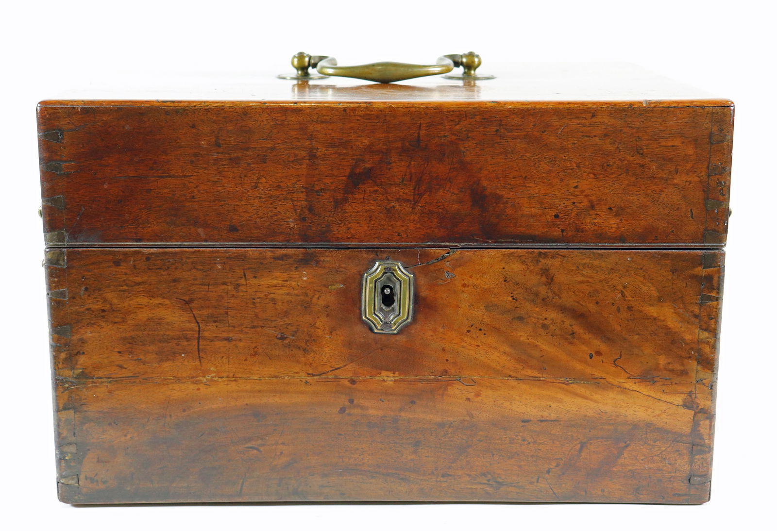 19TH CENTURY TRAVELING LIQUOR BOTTLE BOX: Circa mid 1800's wood traveling liquor bottle holder box with key. Holds six bottles, includes four (some with chips). Measures 13.5" x 9.5" wide 8.5" tall.