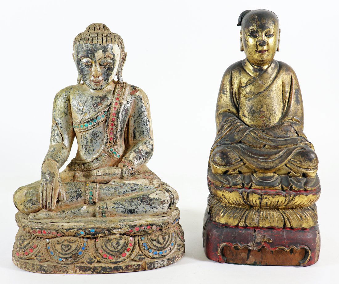 (2) ANTIQUE CARVED WOOD BUDDHA FIGURES (1 of 4)