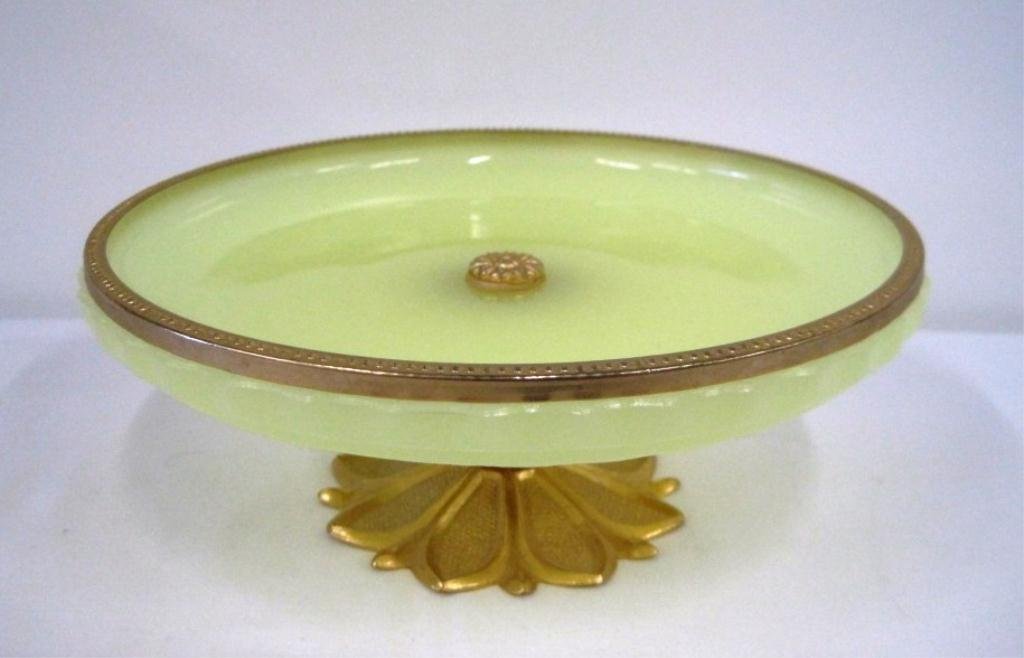 FRENCH OPALINE GLASS COMPOTE: 4" Tall 12" Wide.