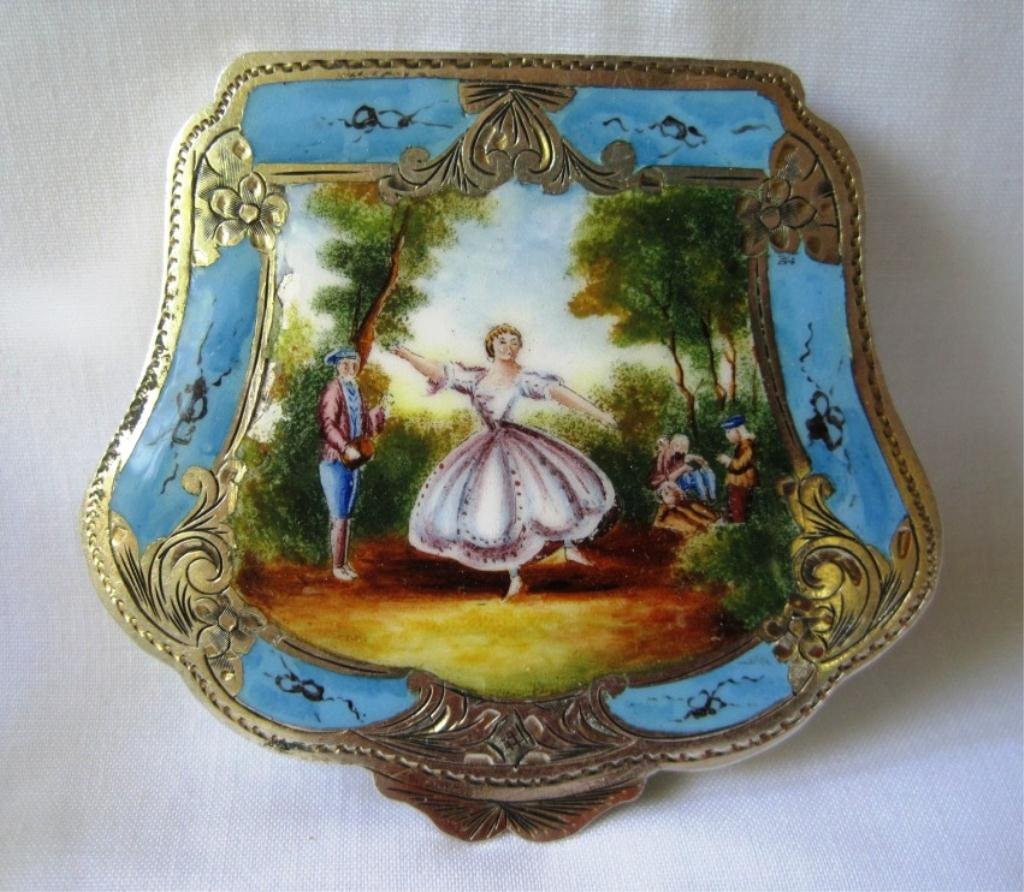 FRENCH .800 SILVER ENAMEL COMPACT: Beautiful colorful scene. Measures 3 1/4" x 3" - Marked 800. Minor enamel loss. Weights 90 grams - 2.89 ozt.