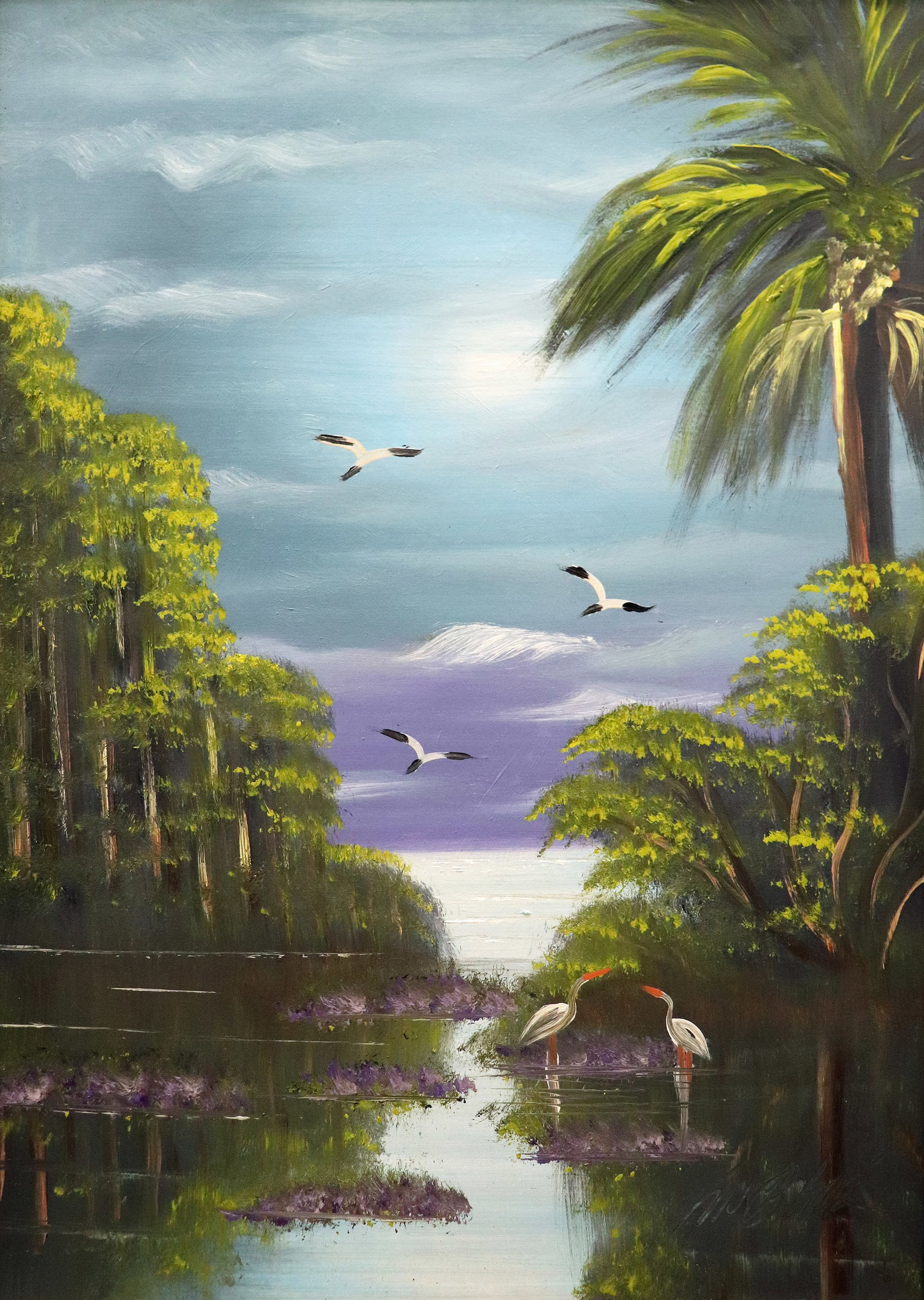 AL BLACK MOONLIT RIVER HIGHWAYMEN PAINTING: Al Black (b. 1945) Highwaymen painting of a Florida night landscape with moonlit sky, tall palm tree, birds, vegetation, and water. Signed lower right. 27.5" x 19.25" on canvas & 31" x 23" w/ frame.