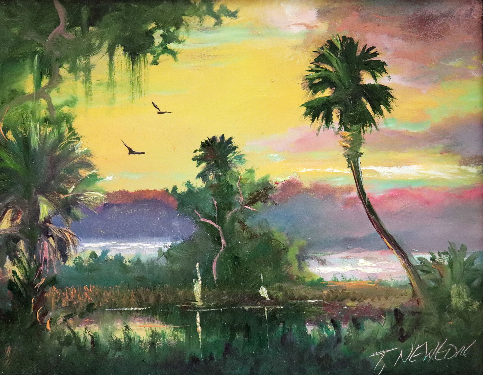 TRACY NEWTON BACKWOODS PALMS FLORIDA PAINTING: Tracy Newton painting of a Florida backwoods landscape with tall palm trees, vegetation, birds, and water. Signed lower right. Measures 14" x 11" on masonite board and 19" x 16" w/ frame. Tracy is the