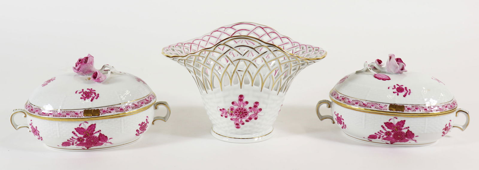 HEREND PINK BASKET & COVERED BOWLS (1 of 3)