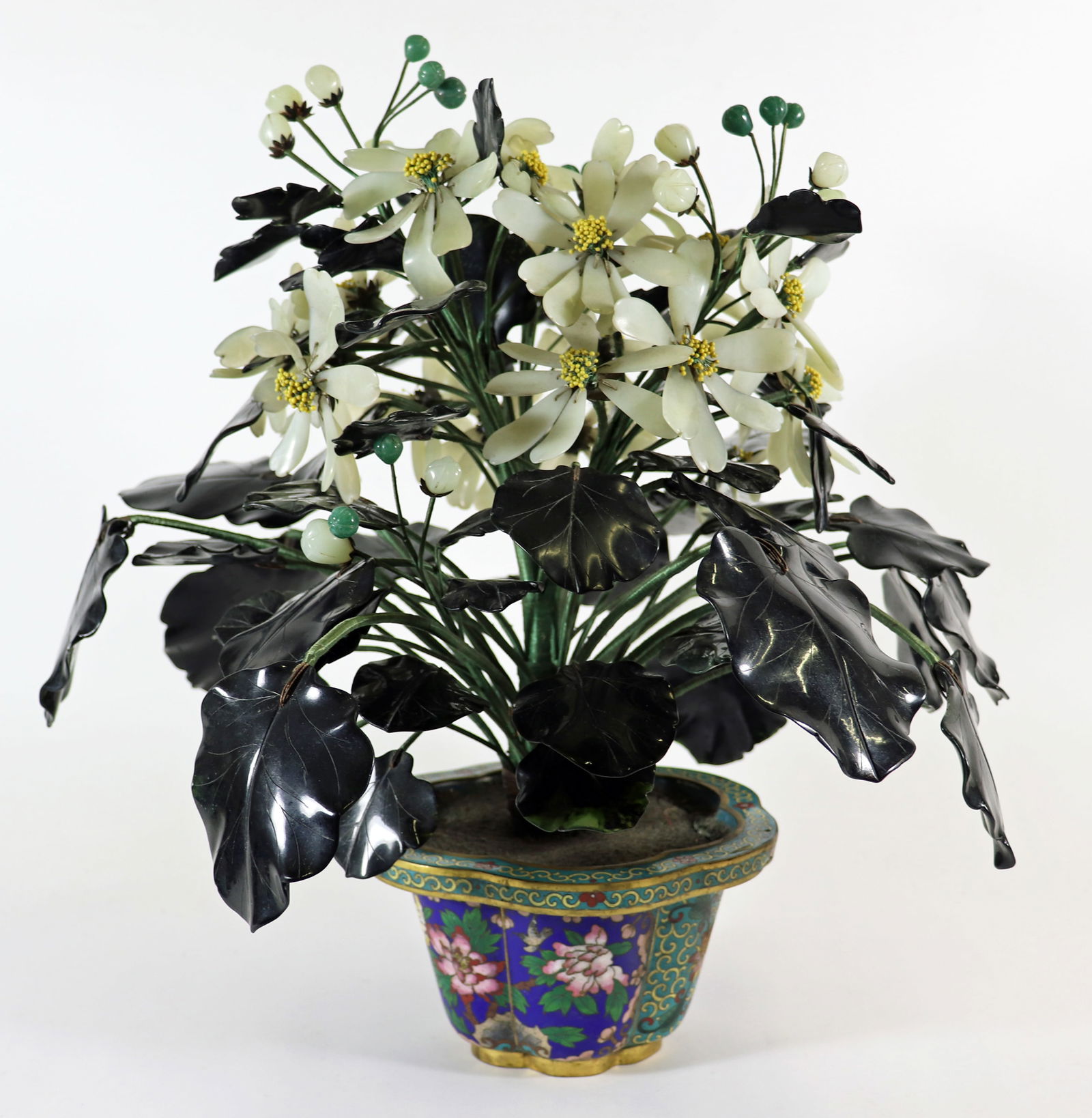 CHINESE JADE DOGWOOD FLOWER TREE CLOISONNE POT (1 of 4)
