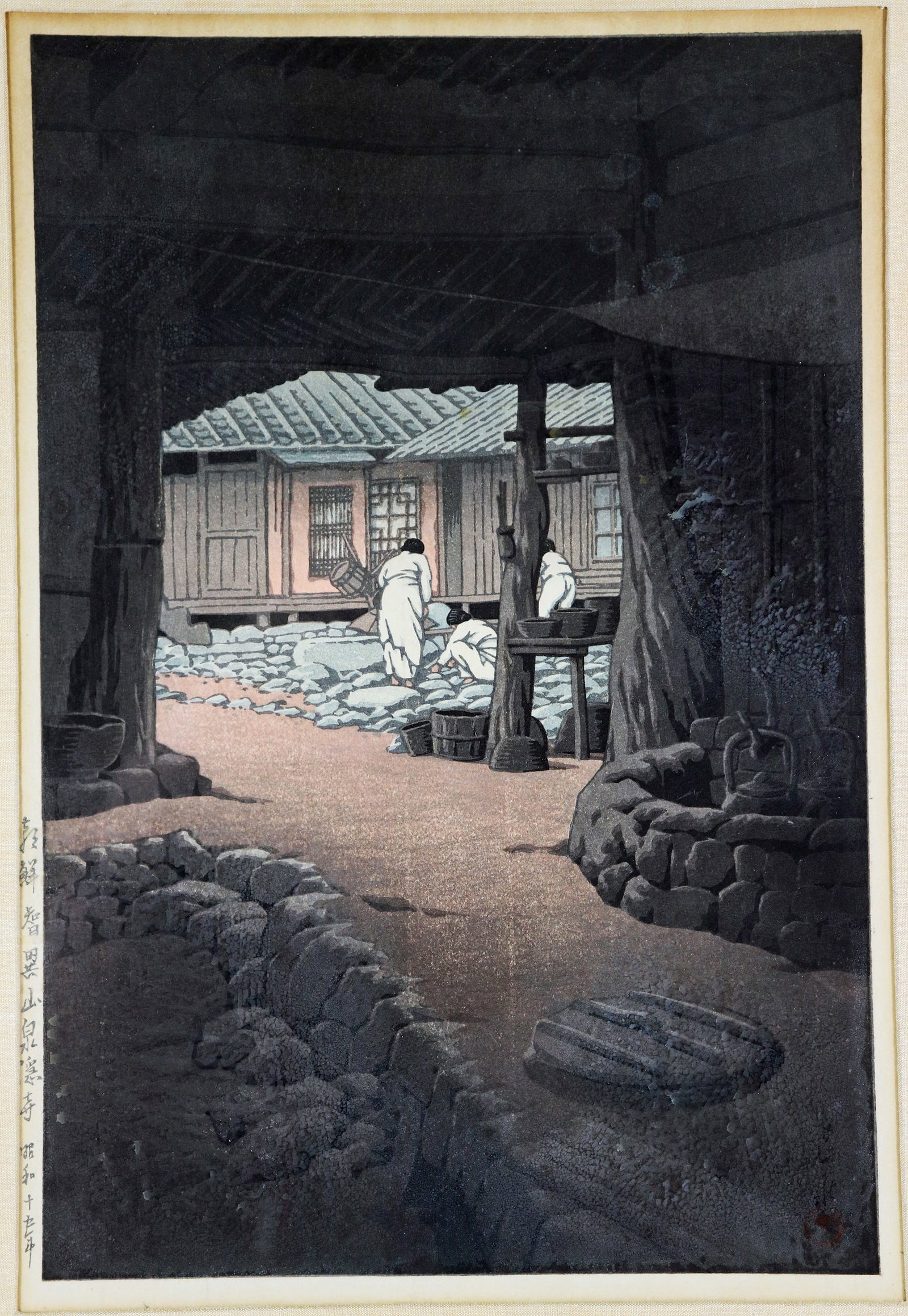 KAWASE HASUI JAPANESE WOODBLOCK CHUNUM TEMPLE: Kawase Hasui (1883-1957) Japanese woodblock of the Chunum Temple Mt. Chiri Korea. Image measures 9 1/2" x 14" (Framed 16 1/2" x 21 1/2")