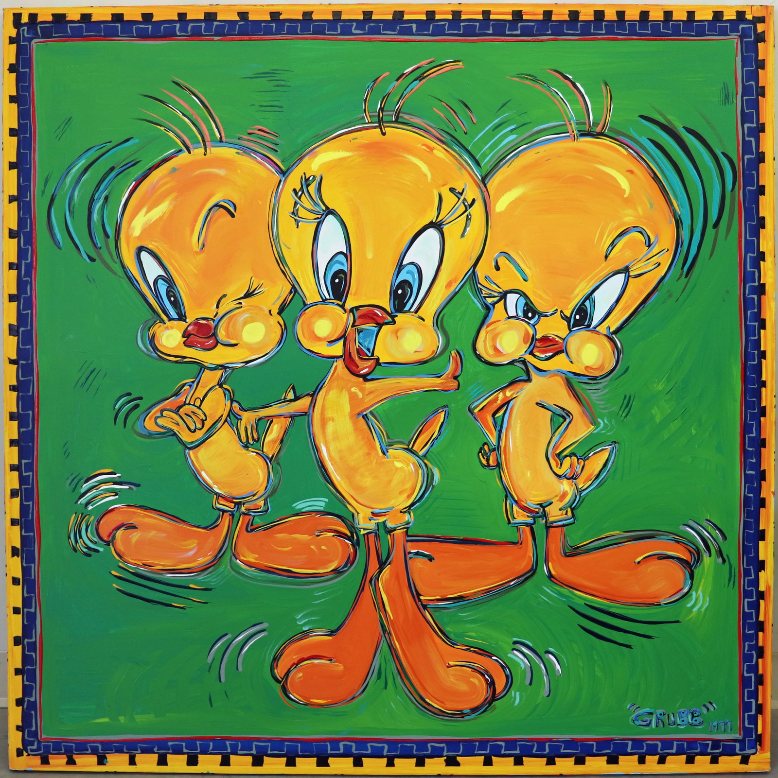 LISA GRUBB POP ART TRIPLE TWEETY PAINTING: Lisa Grubb large pop art painting titled "Tripple Tweety". Signed lower right and also on verso with date and sketch drawing of a New York City Cab. Measures 40" x 40", unframed.