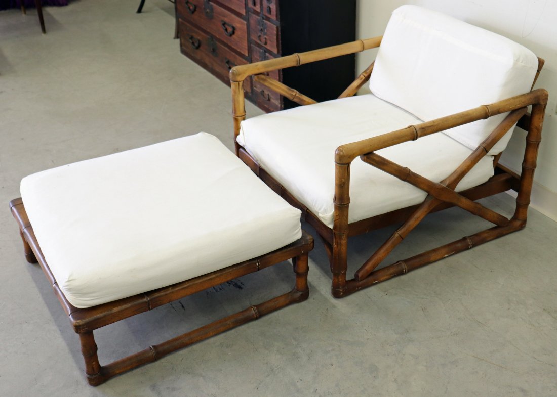 MID CENTURY BAMBOO STYLE LOUNGE CHAIR: Mid Century bamboo style lounge chair and ottoman. Chair measures 28.5" x 31.5" wide, ottoman 28.5" x 28.5" wide.