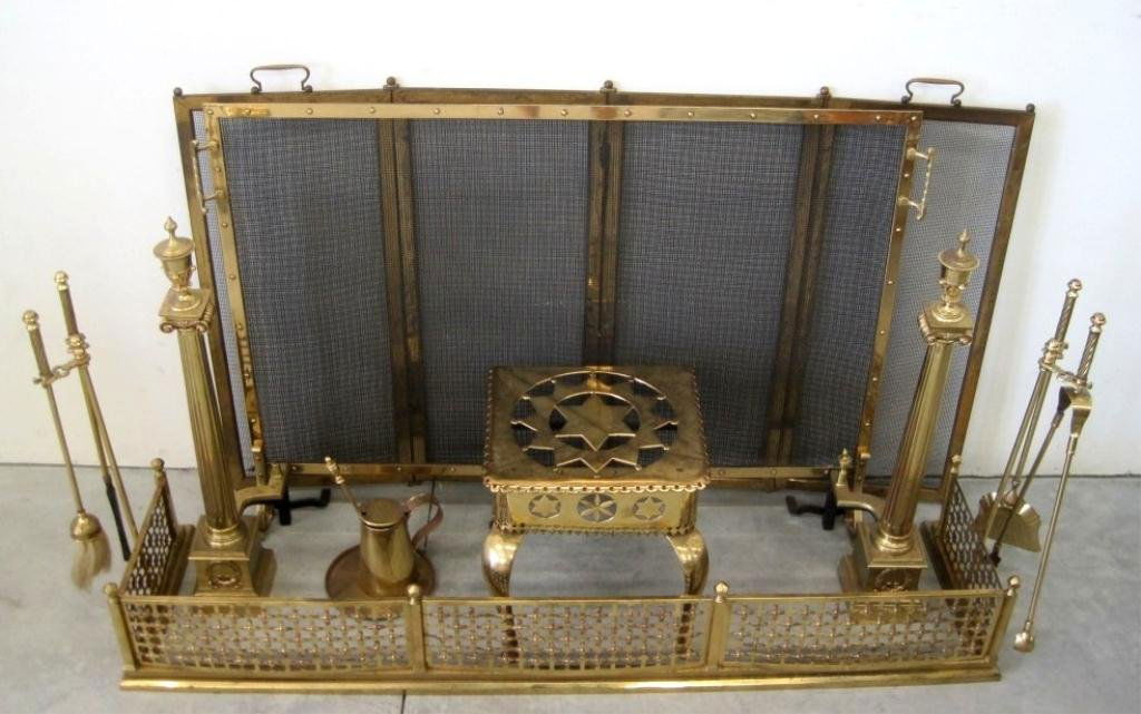 VINTAGE BRASS FIREPLACE ANDIRONS & PANEL