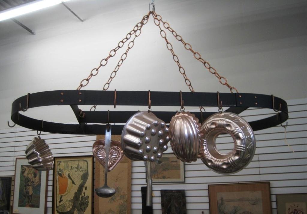 KITCHEN POT AND PAN HANGER: W/ assorted kitchenware items.