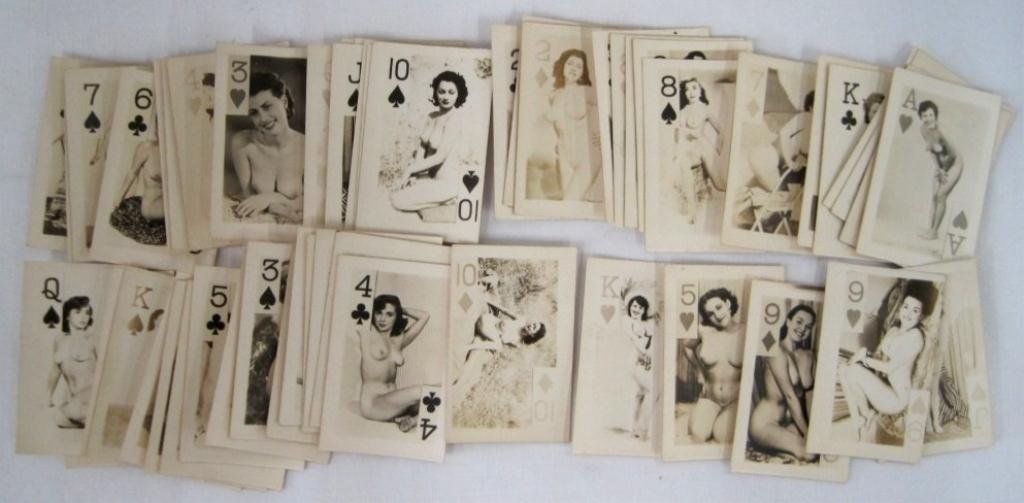VINTAGE DECK OF BLACK & WHITE NUDE PLAYING CARDS: These rare miniature black & white playing cards are smaller than the usual deck of cards. They were brought back to the US by a soldier after WWI.