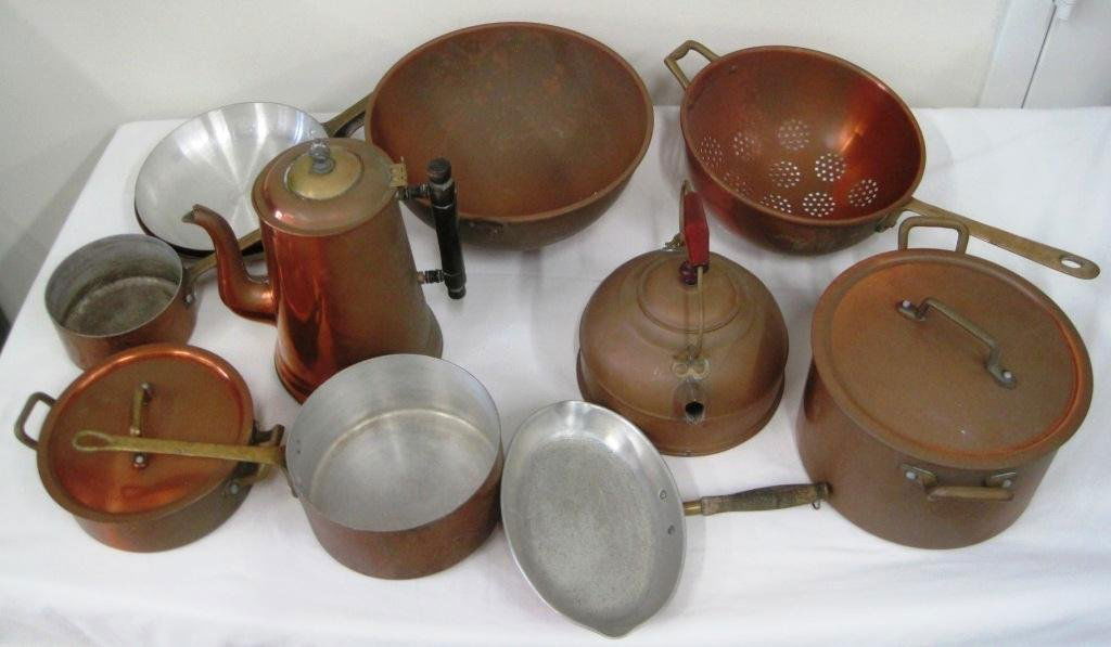 VINTAGE COPPER & MORE POTS AND PANS: 12 Pieces. The Rochester, 1801 Revere Ware, & more.