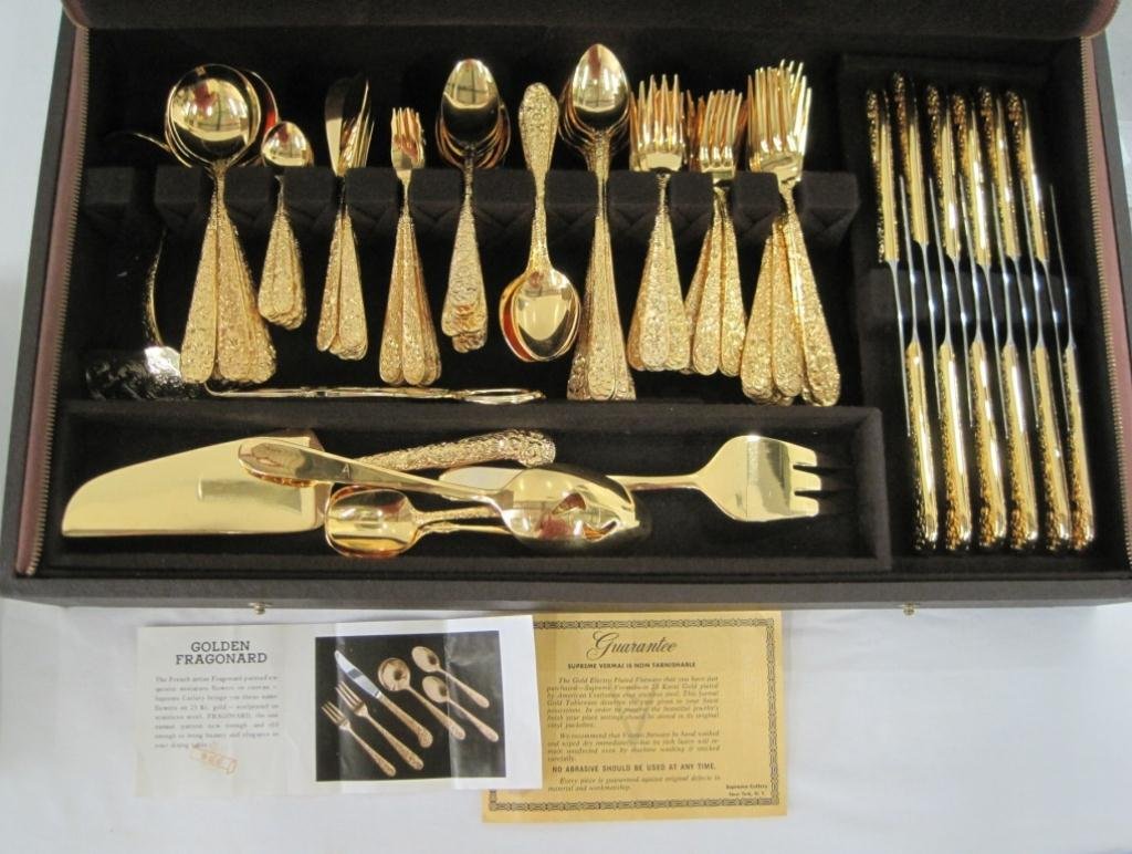 23K GOLDEN FRAGONARD FLATWARE SET: SERVICE FOR 12 - EXQUISITE FLORAL SILVERWARE. 23K GOLD OVER STAINLESS STEEL. 144 pcs