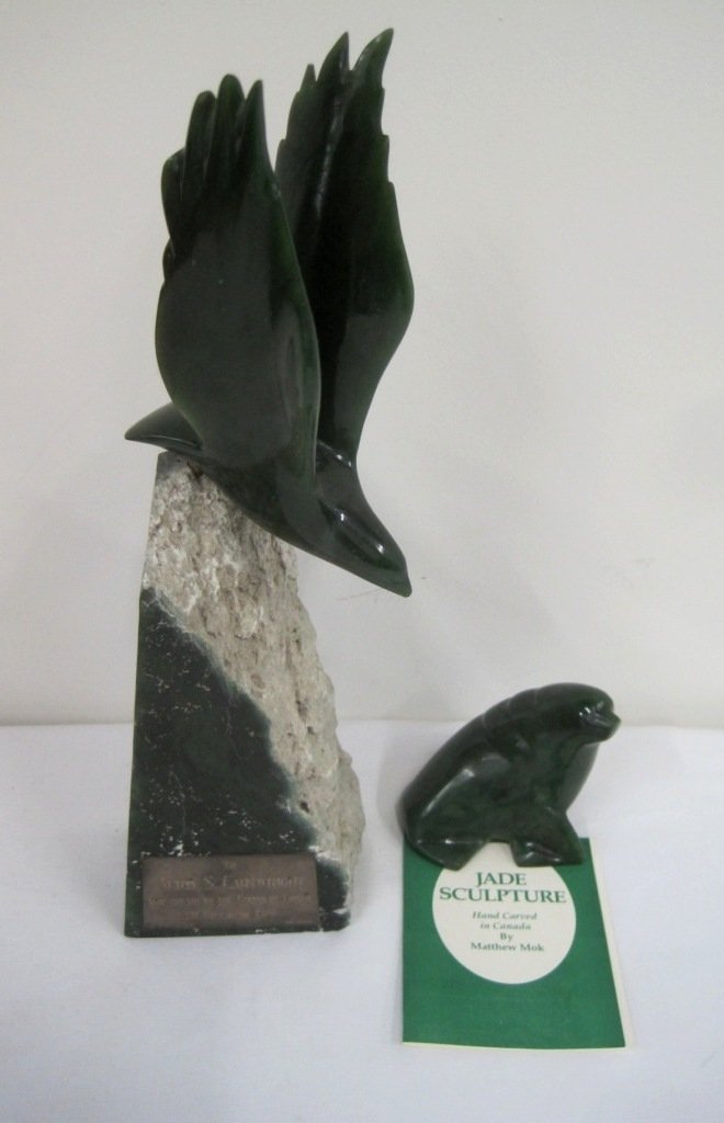 PAIR JADE CARVINGS: Signed Matthew Mok. Statue bird signed David Way w/ Sterling Silver plaque.
