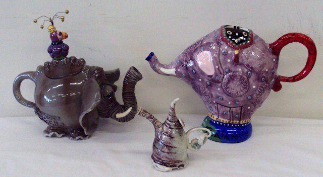 ELEPHANT TEAPOT, PITCHER AND ART POTTERY TEAPOT: Lynda Corneille, Simson CE.