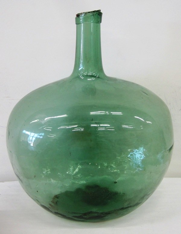 18" ANTIQUE GREEN HAND BLOWN GLASS BOTTLE