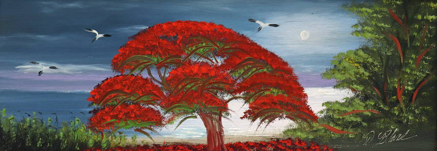 AL BLACK NIGHT POINCIANA HIGHWAYMEN PAINTING: Al Black (b. 1945) Highwaymen painting of a panoramic Florida night landscape with vibrant red poinciana tree, birds, vegetation, and water in background. Signed lower right. This unusual size paintin