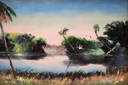HEZEKIAH BAKER SUNSET BIRDS HIGHWAYMEN PAINTING