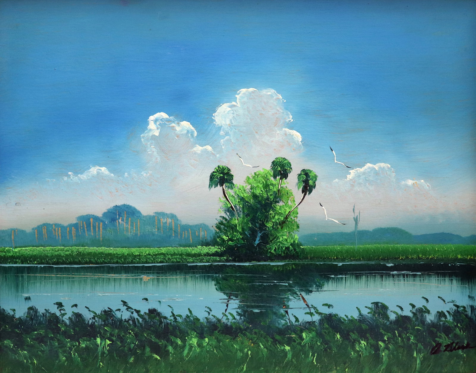 AL BLACK BACKWOODS FLORIDA HIGHWAYMEN PAINTING: Al Black (b. 1945) Vintage Highwaymen painting of a Florida backwoods landscape with green vegetation, cloudy blue sky, palm trees, and birds. Signed lower right and also on verso. Measures 30" x 24" 