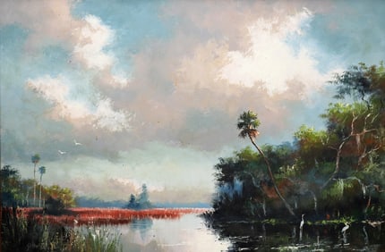HAROLD NEWTON CLOUDY RIVER HIGHWAYMEN PAINTING
