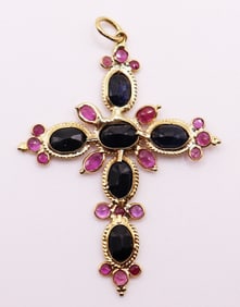 18K RUBY & SAPPHIRE GEMSTONE CROSS PENDANT