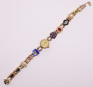 VINTAGE 14K GENEVE SLIDE CHARM WATCH BRACELET