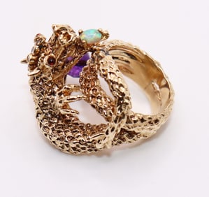 14K YELLOW GOLD DRAGON WITH OPAL RING