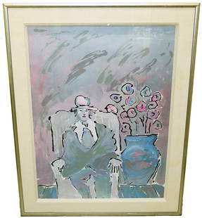 PETER MAX SEATED MAN ARTIST PROOF LITHOGRAPH: Peter Max (b. 1937) Large Pop Art lithograph titled "Seated Man" of a man in a chair and large vase filled with flowers. Signed lower left, dated 1981, and A/P Artist Proof. Measures approximately