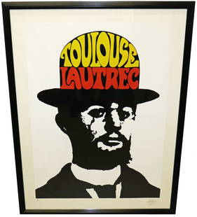 PETER MAX TOULOUSE LAUTREC LITHOGRAPH: Peter Max (b. 1937) Large Pop Art portrait of the artist Toulouse Lautrec wearing a hat with yellow and gold lettering. Signed lower right, numbered 85/125 lower left. Measures 50.25" x 38.25" w/ fram