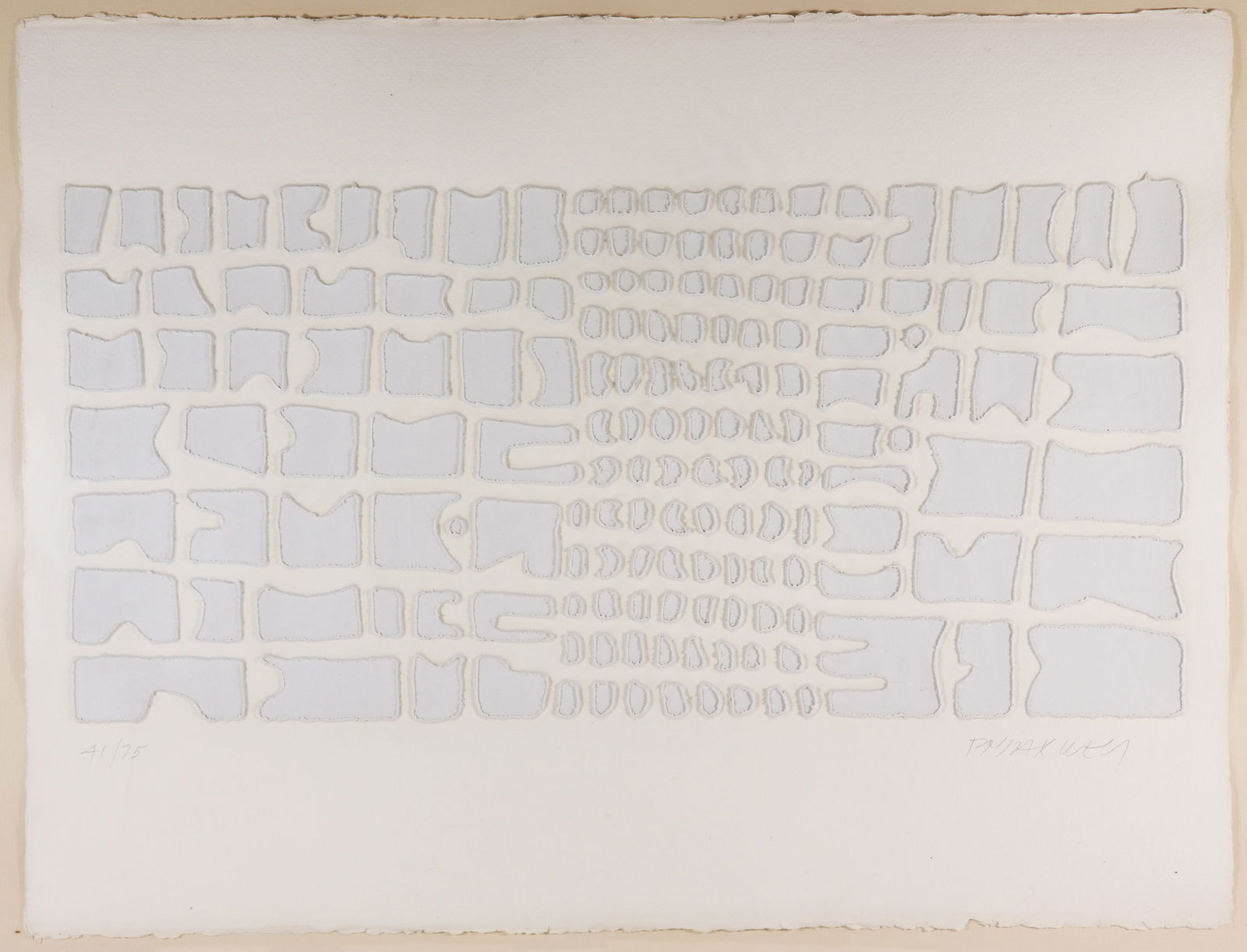 PAUL MAXWELL MODERN GEOMETRIC COMPOSITION: Paul E. Maxwell (American, 1925-2015) Modern geometric composition casting on paper. Pencil signed and numbered 41/75. Measures 29.75" x 22.5" and 37.25" x 30.25" w/ frame.