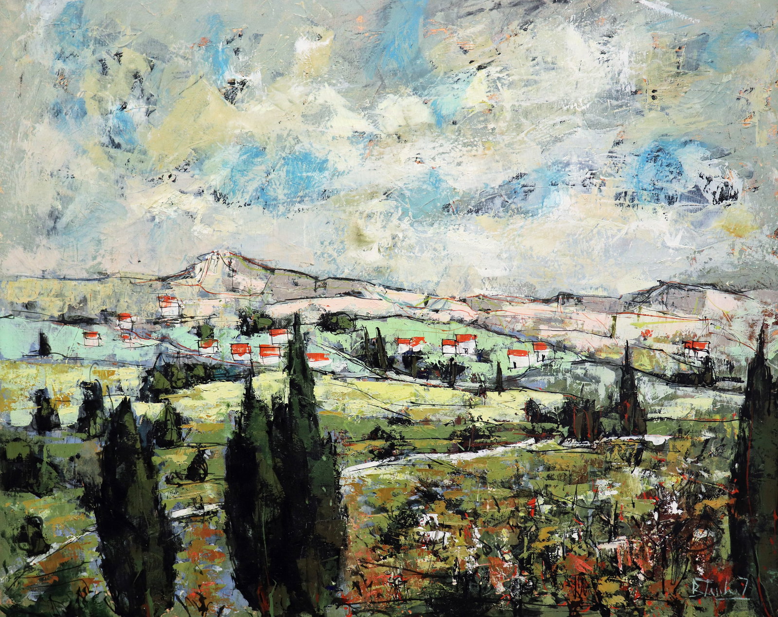 BERTOLDO TAUBERT "LES CYPRES" MID CENTURY PAINTING (1 of 6)