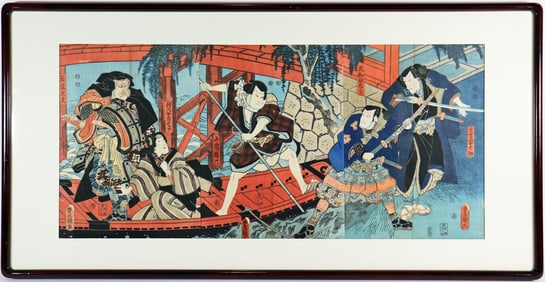 UTAGAWA KUNISADA SAMURAI ON BOAT WOODBLOCK