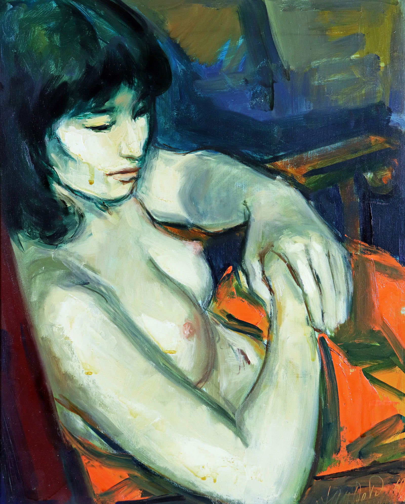 JAN DE RUTH SEATED NUDE PAINTING: Jan De Ruth (1922-1991) Oil on canvas painting of a seated nude woman. Signed lower right. Some drip residue to surface. Measures 15" x 12" (sight) and 25.25" x 22.25" w/ frame.