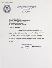 J. EDGAR HOOVER SIGNED FBI LETTER