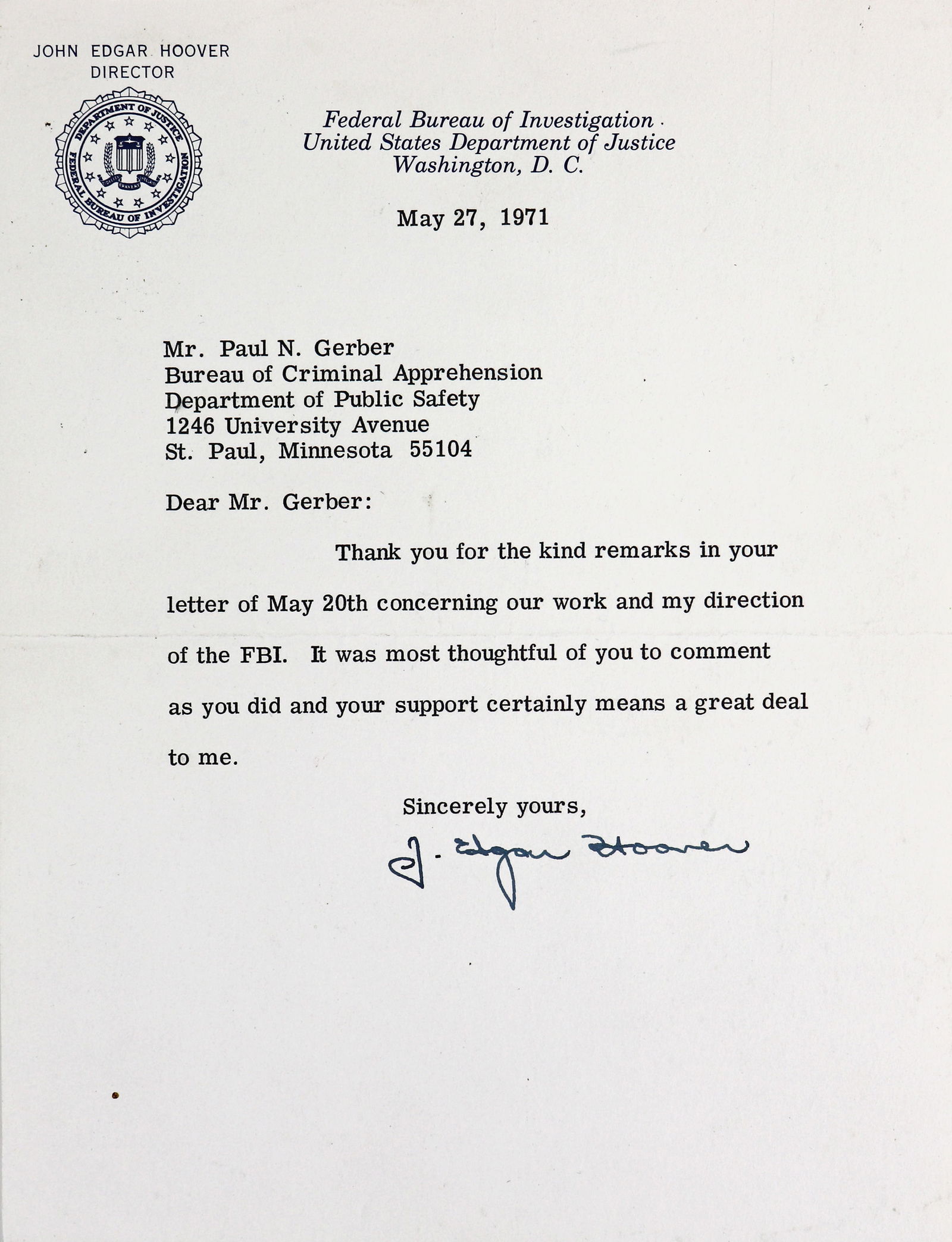 J. EDGAR HOOVER SIGNED FBI LETTER (1 of 1)