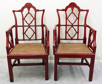 (2) CHINESE CHIPPENDALE STYLE RED ARMCHAIRS