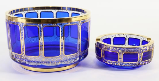 MOSER COBALT 22K GOLD CENTERPIECE BOWL & ASHTRAY
