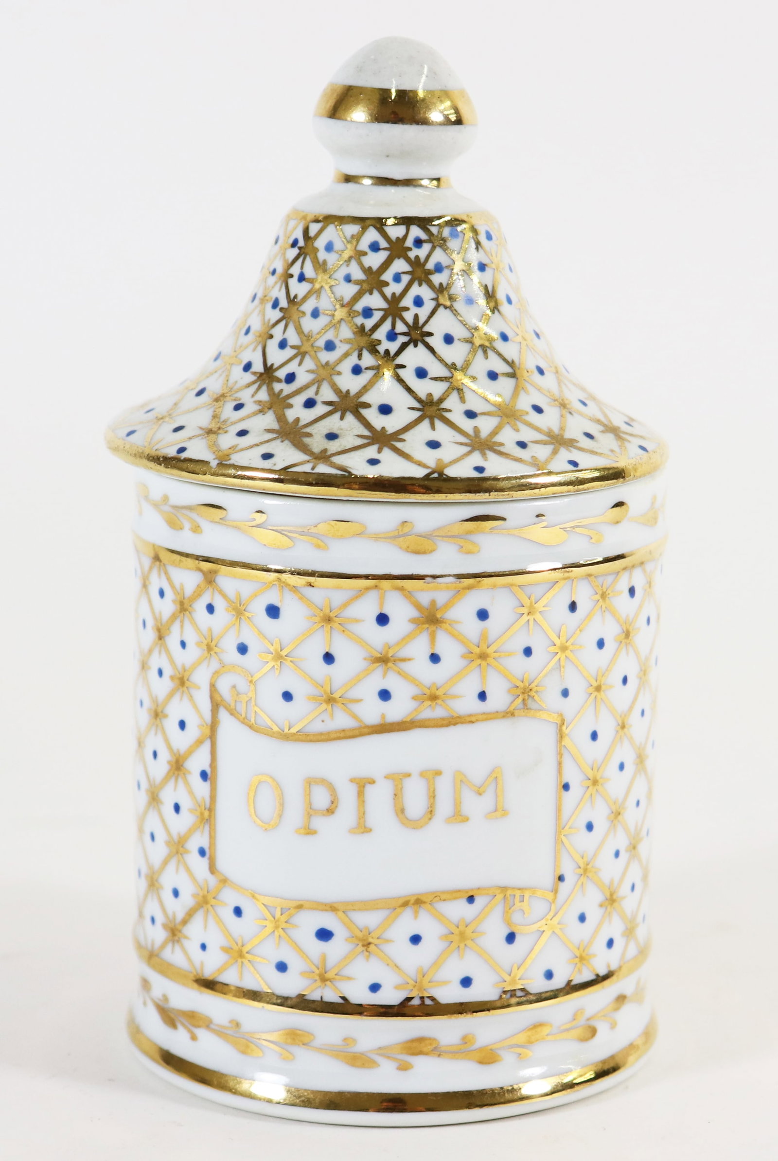 FRENCH PORCELAIN OPIUM APOTHECARY JAR: Porcelain covered pharmacy jar for storing opium. It has a gold criss cross design. Attr'b to Sevres. 6" x 3 1/4"