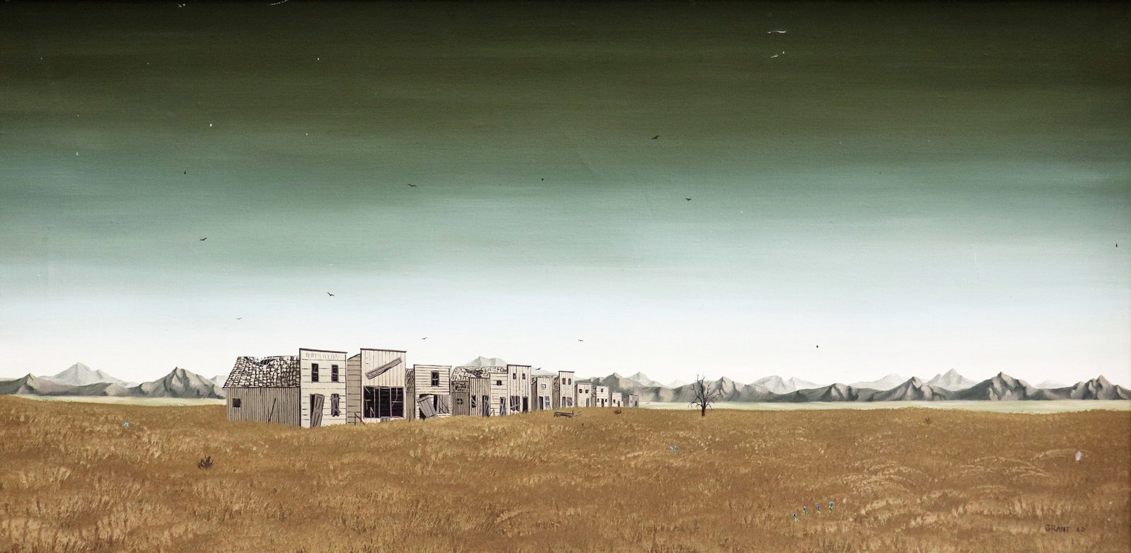 OLD WEST TOWN - 1960 by GRANT: Oil on canvas landscape painting of an Old Western Town. Signed lower right Grant and dated 60. Some age related wear to canvas. Lindhurst New York framers label on verso. Measures approximately 27.25