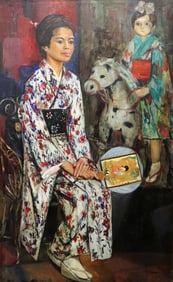 ROMUALDO SEATED WOMAN AND YOUNG GIRL PAINTING