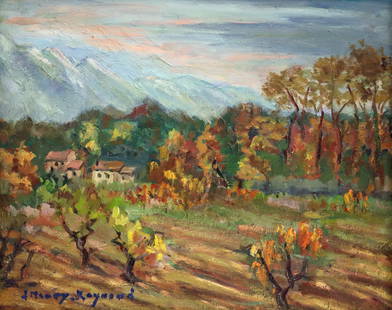 FRENCH LANDSCAPE IN AUTUMN PAINTING: French impressionist painting titled on verso, Paysage En Automne or Landscape in Autumn. On board. Signed lower left. 24" x 20" (Framed 29.5" x 25.5")