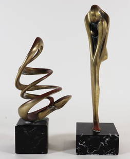 (2) MODERN METAL SCULPTURES: Two Modern Abstract metal sculptures on marble bases. Unknown artists. 14" and 11" tall.