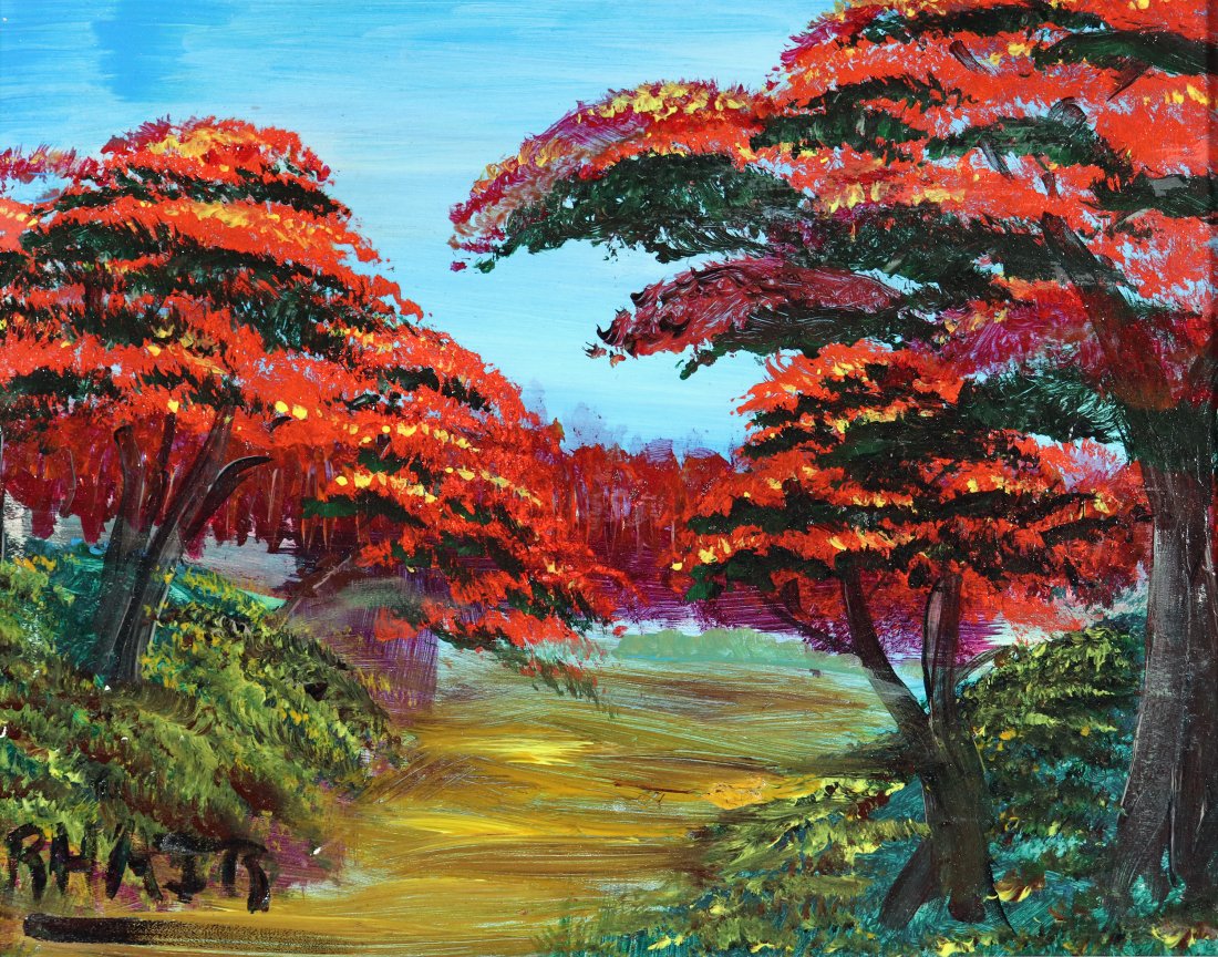 RODERICK HAIR FLORIDA POINCIANA TREE PAINTING: Roderick Hair painting of a Florida landscape with vibrant red poinciana trees. Signed lower left. Measures 14" x 11" on masonite board & 18" x 15" w/ frame. Roderick Hair is the son of Highwaymen art