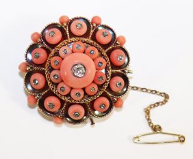 VICTORIAN 14K ANGEL SKIN CORAL & DIAMOND BROOCH