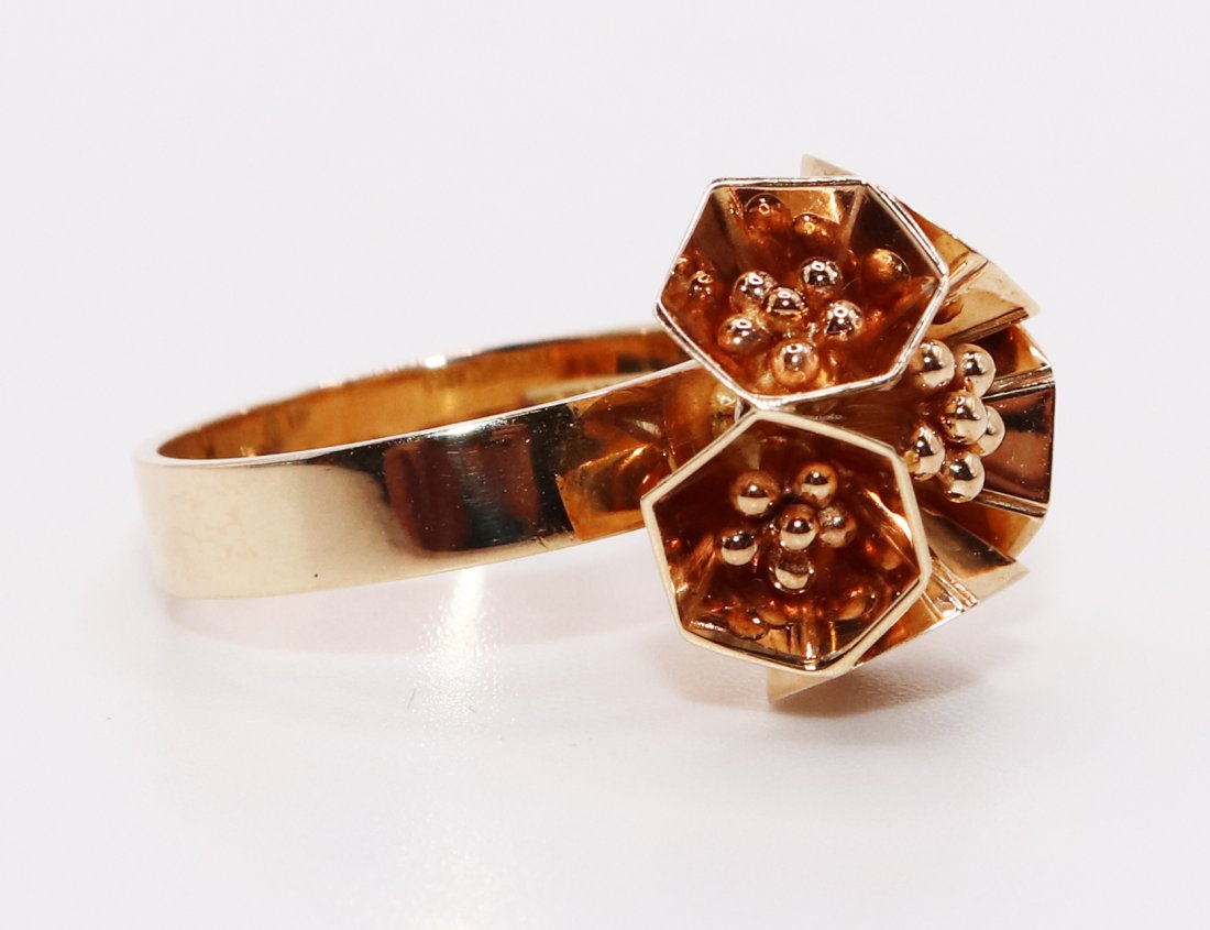VINTAGE 14K DANISH POVL STORM JENS ASBY DESIGN RING: Vintage Povl Storm Denmark 14KT yellow gold ring with floral bead design. Size 6 1/2, weighs 5 grams, 3.2 DWT.