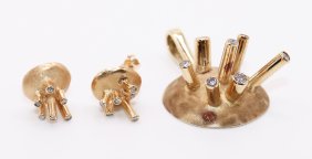 14K YELLOW GOLD "SPUTNIK" DIAMOND PENDANT & EARRINGS
