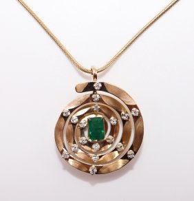 14K YELLOW GOLD EMERALD & DIAMOND PENDANT & CHAIN