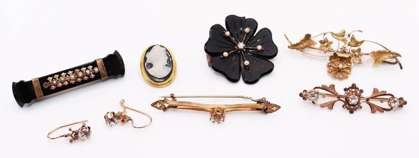 ANTIQUE, EDWARDIAN, VICTORIAN JEWELRY: Collection of antique jewelry including 10K onyx diamond and pearl flower pin, 10K brooch & earring set, (2) 10K gold pins, and a gold filled black jet and seed pearl mourning brooch.