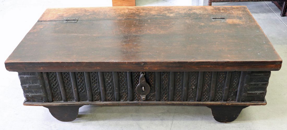 19th CENTURY CARVED WOOD & IRON  LOW STORAGE CHEST ON WHEELS (1 of 3)